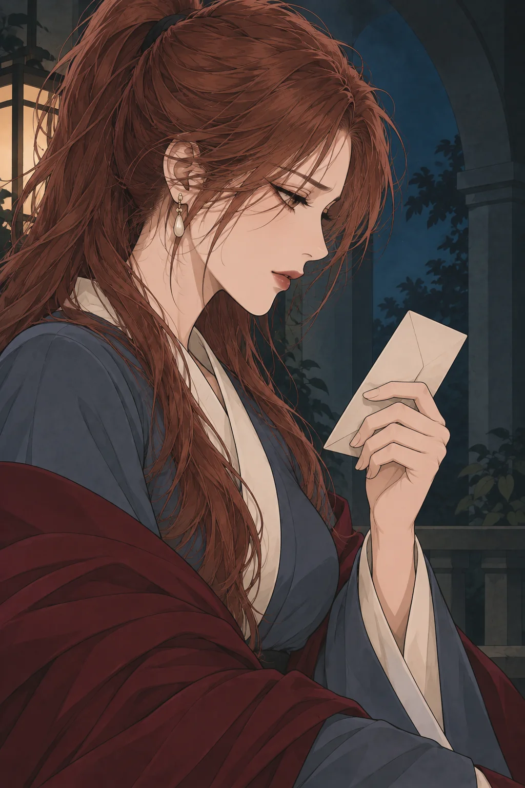 밤의 아치 아래에서 편지를 가까이 들고 생각에 잠긴 붉은 머리 여성의 재회운 웹툰 표지